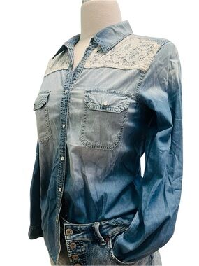 B.L.E.U. Light Blue Denim Button-Down Shirt with White Lace Yoke